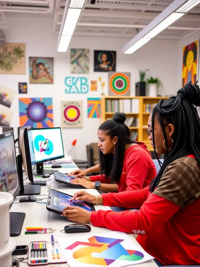 A photograph of Daytona Beach Christian University students working on a digital art project, showcasing creativity and technological skills.