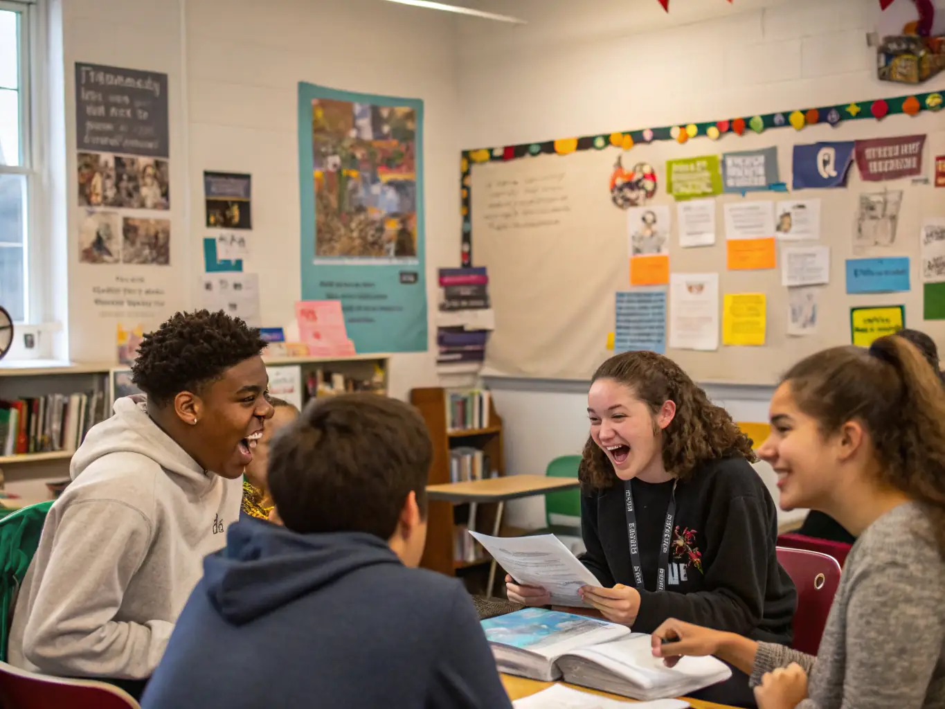 A group of students engaged in a lively discussion in a theology classroom, symbolizing the collaborative learning environment in the Bachelor of Arts in Theology program at Daytona Beach Christian University.