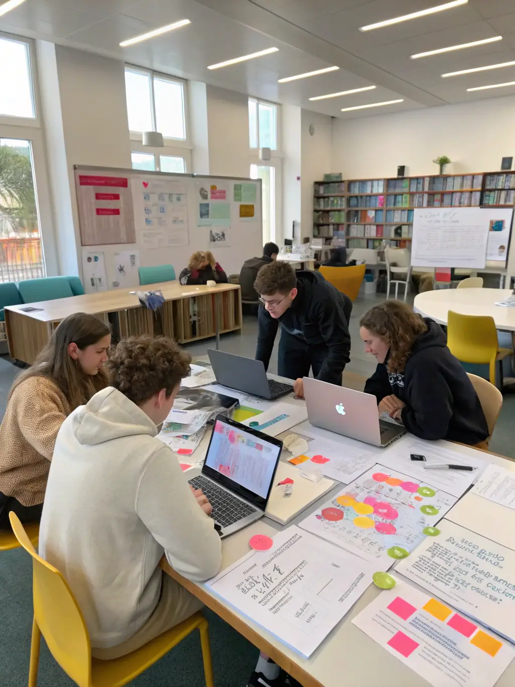 A photograph of a small group of students at Daytona Beach Christian University collaborating on a business project in a modern classroom setting.