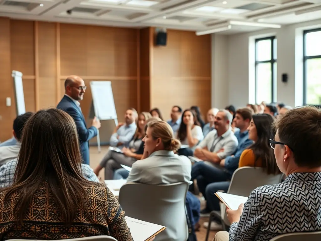An educator leading a workshop with engaged participants, representing the advanced teaching strategies taught in the Master of Education program at Daytona Beach Christian University.